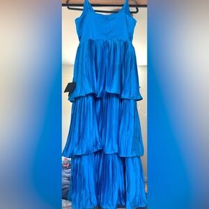 Celebrated Vibe Bright Blue Tiered Pleated Midi Dress